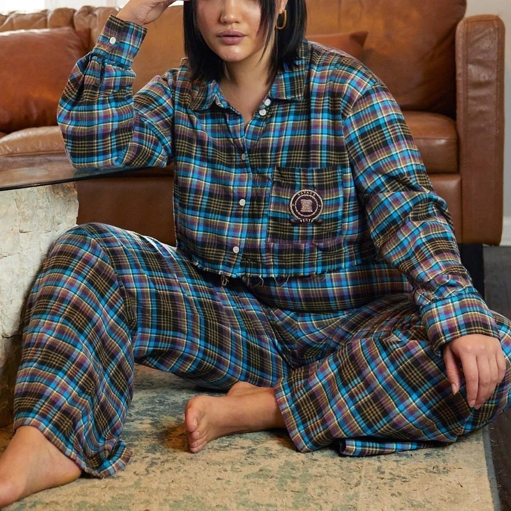 Savage x Fenty Tied Up Tartan Raw Hem Cropped Sleep Shirt in Blue Size S - Picture 6 of 8